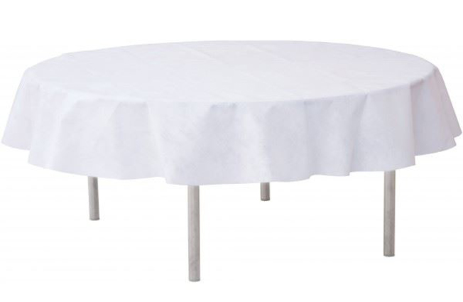 Nappe ronde blanche idéale pour table de 150 ou 180 cm .
Diamètre de la nappe 280 cm 
ATTENTION A RENDRE SALE